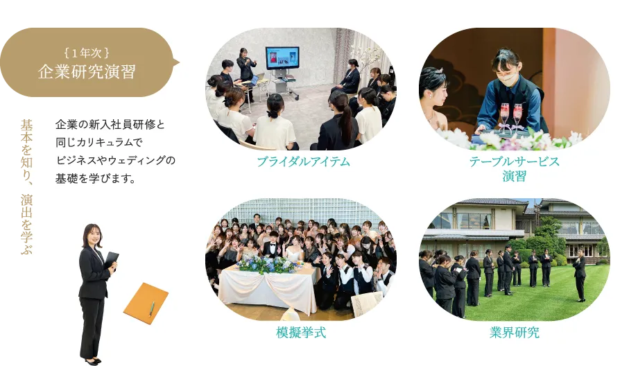 1年次 企業研究演習 基本を知り、演出を学ぶ 企業の新入社員研修と同じカリキュラムでビジネスやウェディングの基礎を学びます。 ブライダルアイテム テーブルサービス 演習 模擬挙式 業界研究