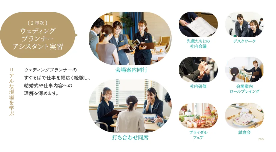 2年次 ウェディング プランナー アシスタント実習 リアルな現場を学ぶ ウェディングプランナーのすぐそばで仕事を幅広く経験し、結婚式や仕事内容への理解を深めます。 会場案内同行 打ち合わせ同席 先輩たちとの社内会議 デスクワーク 社内研修 会場案内ロールプレイング ブライダルフェア 試食会 etc.